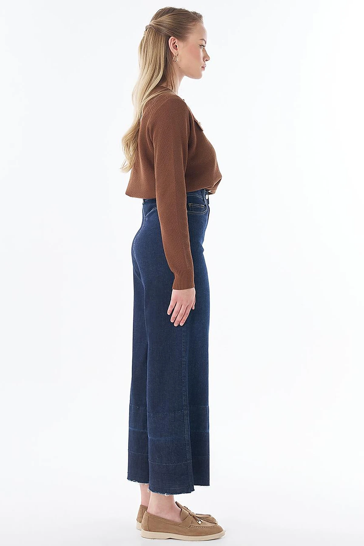 Washed Wide-Leg Denim Pants - Navy