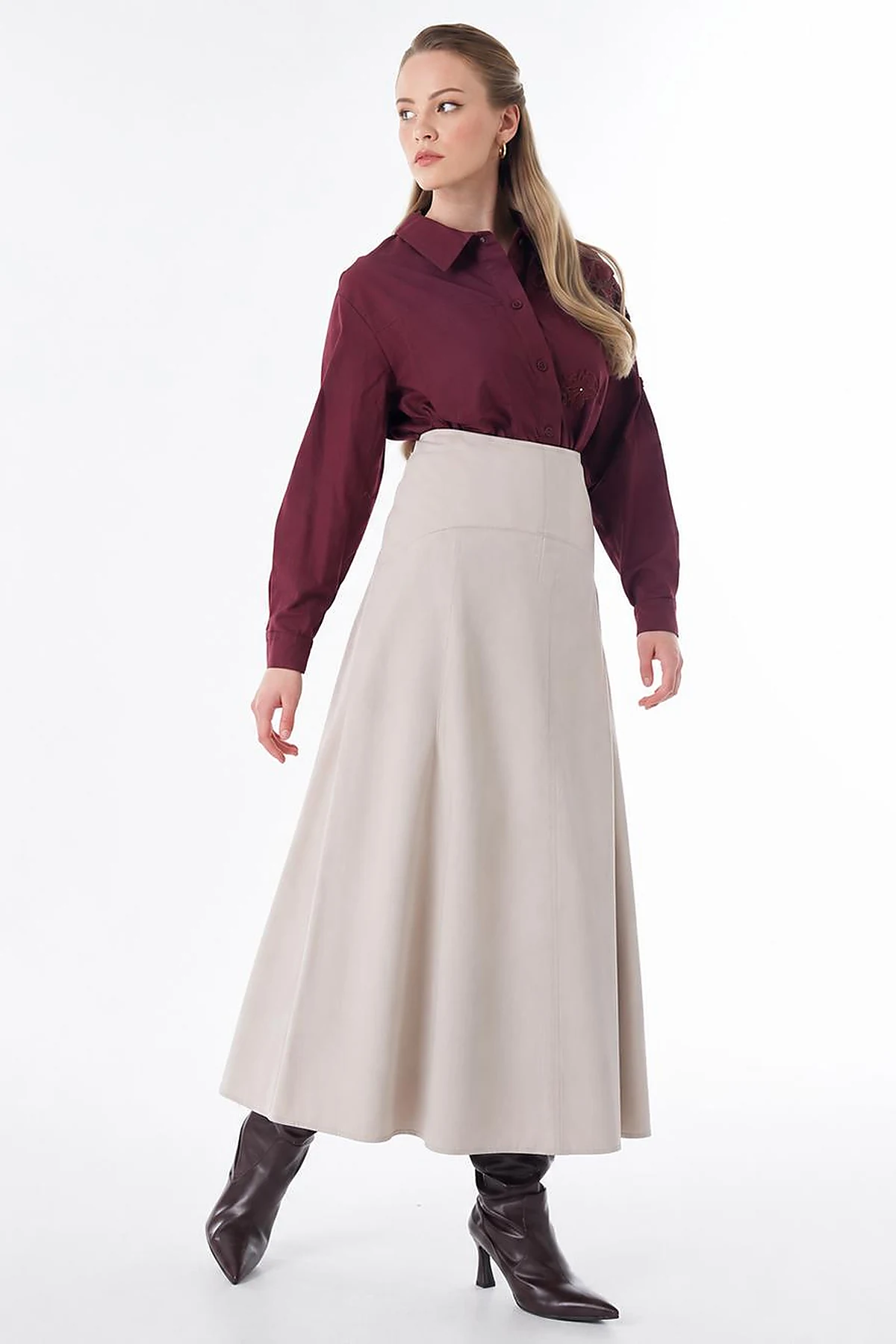 High-Waisted Flared Skirt - Stone