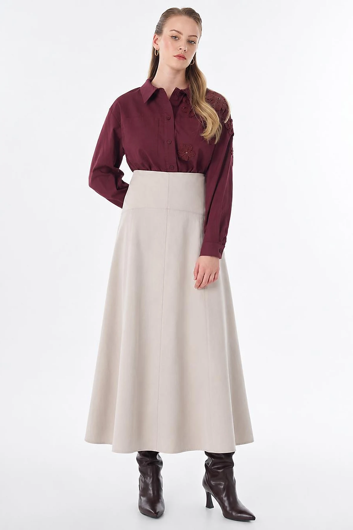 High-Waisted Flared Skirt - Stone
