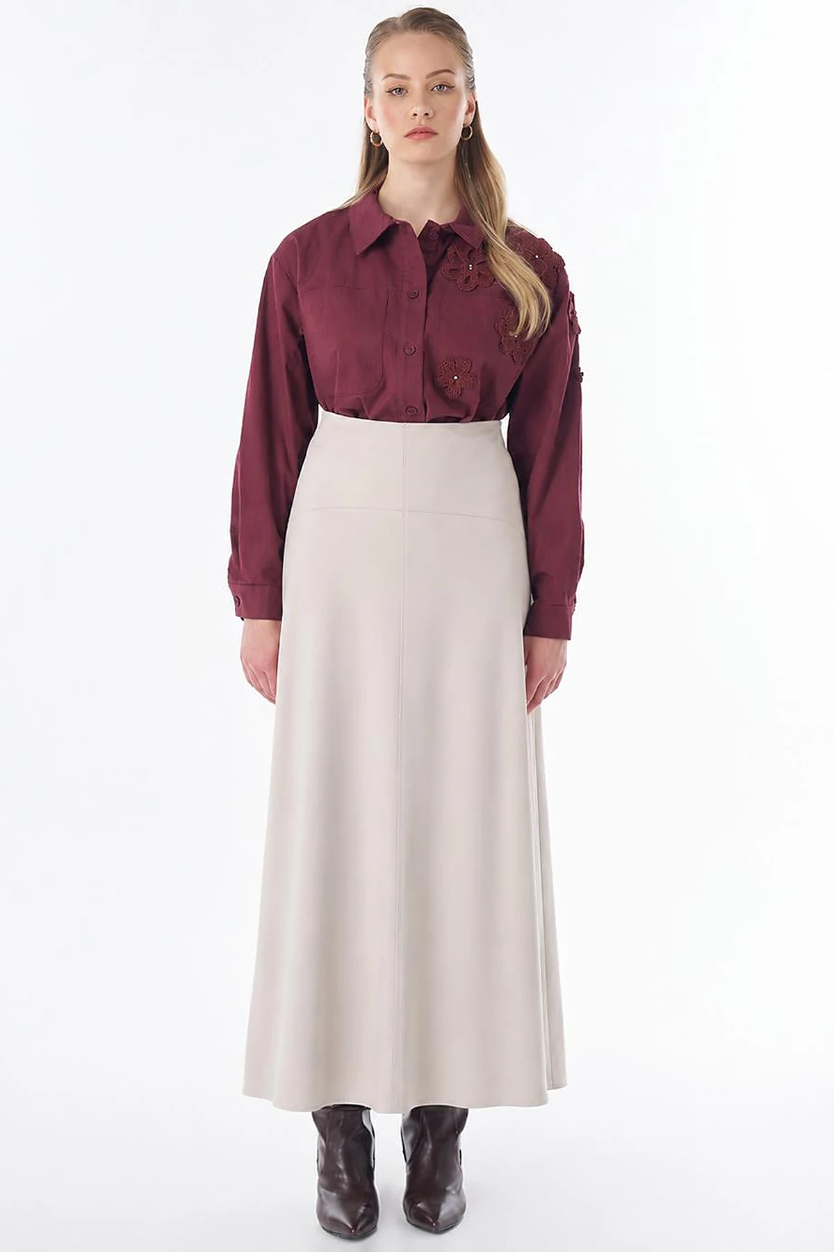 High-Waisted Flared Skirt - Stone