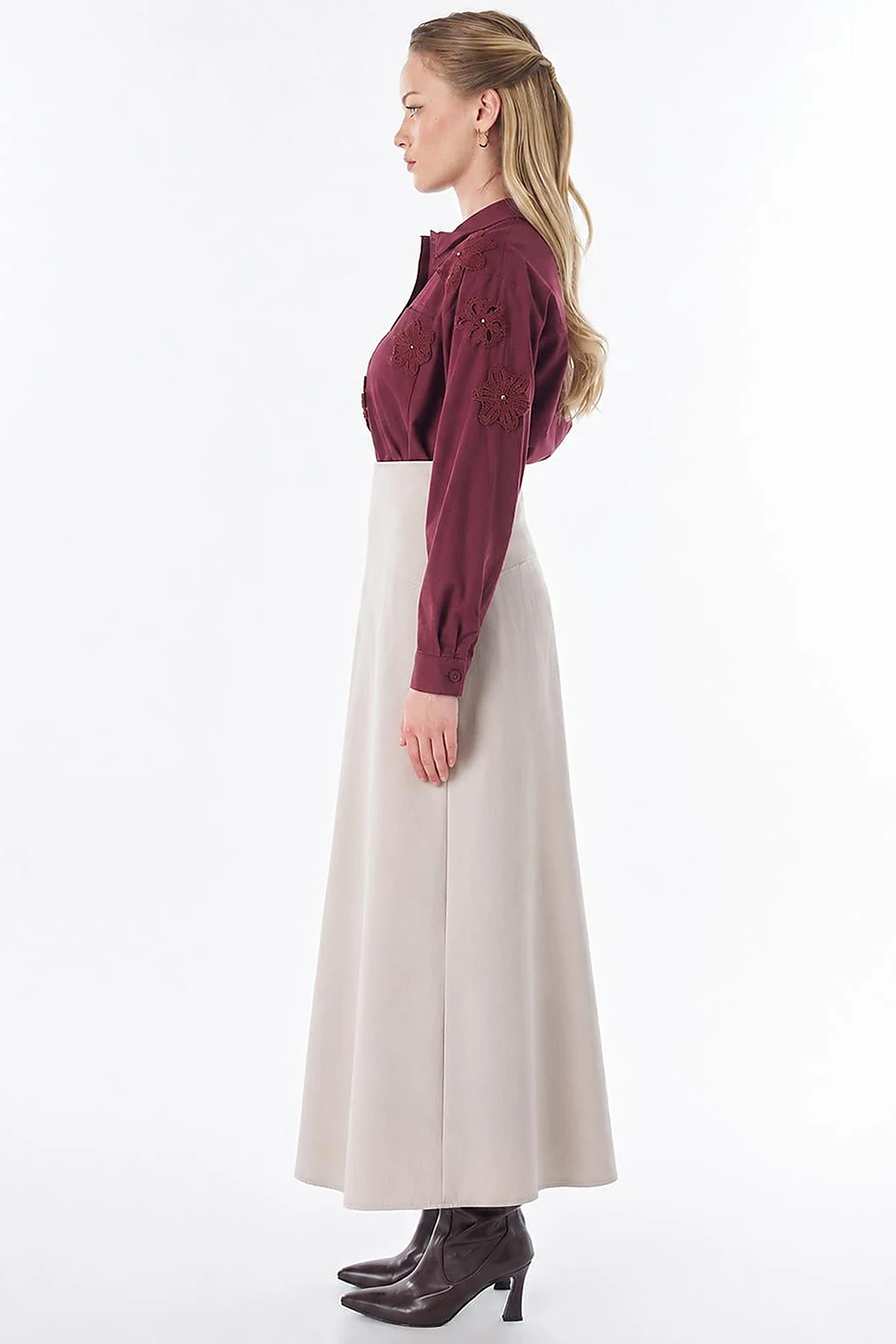 High-Waisted Flared Skirt - Stone