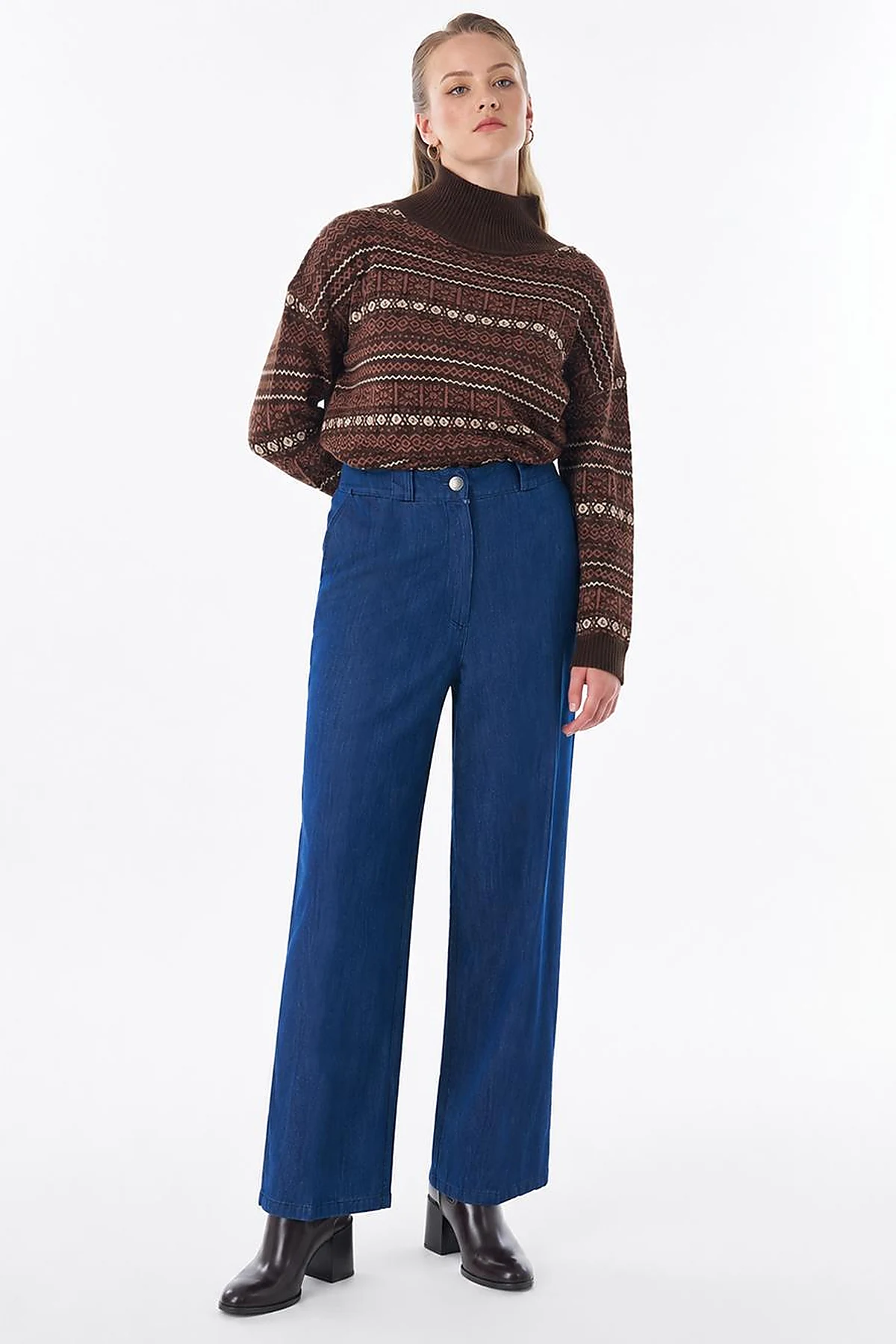 High-Waisted Denim Pants - Navy