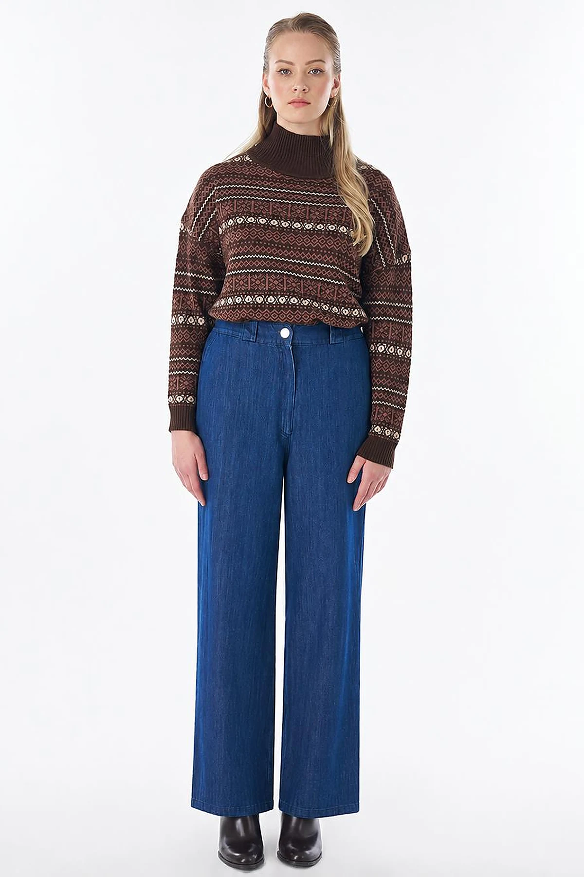 High-Waisted Denim Pants - Navy