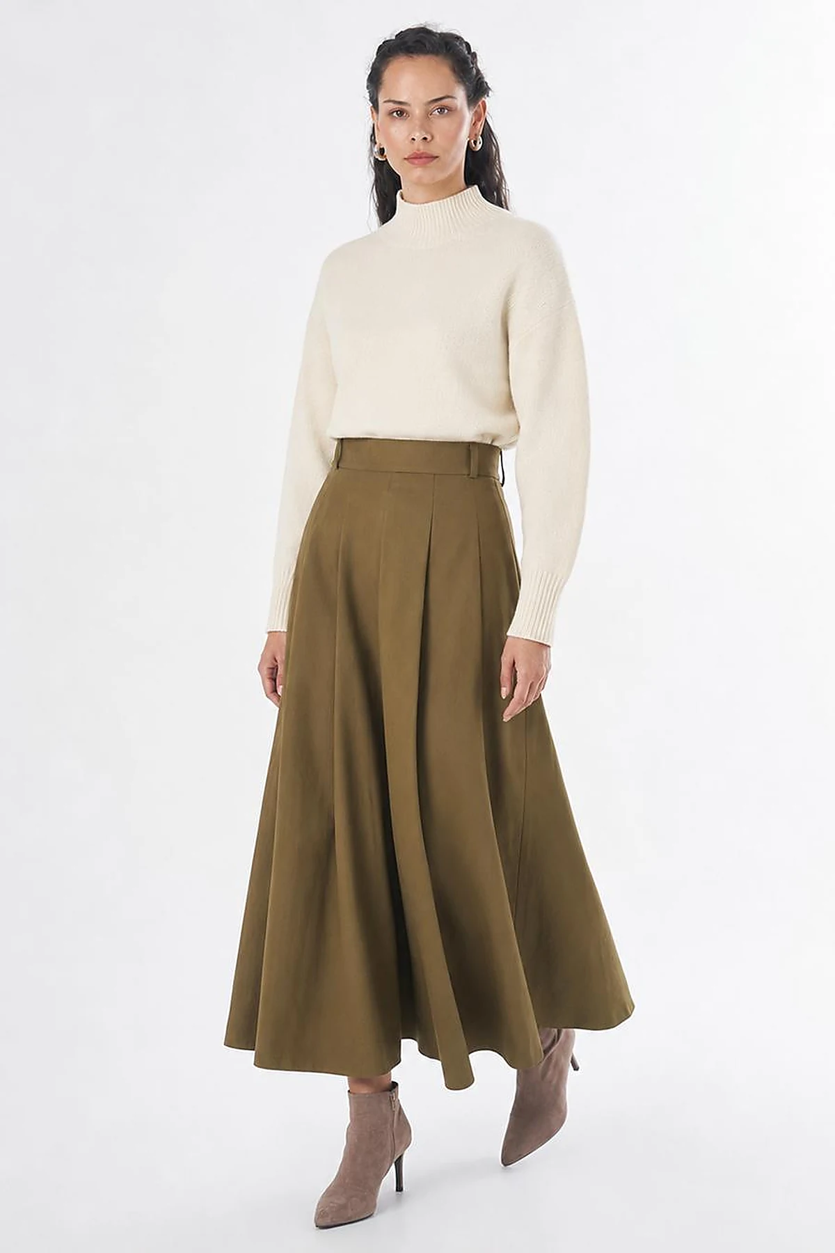 High-Waisted Pleated Skirt - Khaki
