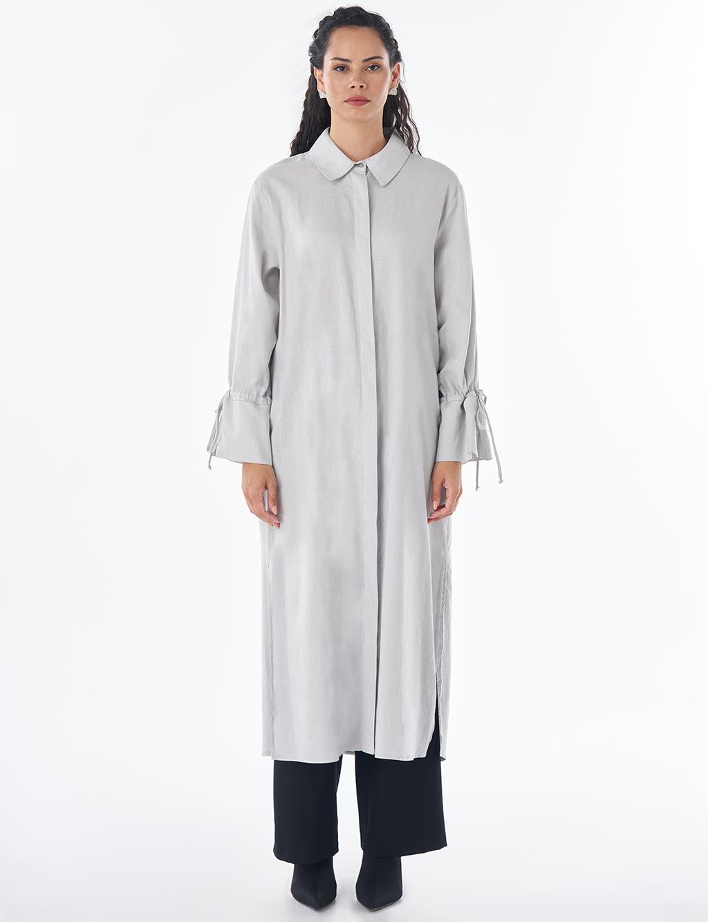 Drawstring Linen Blend Tunic – Light Grey