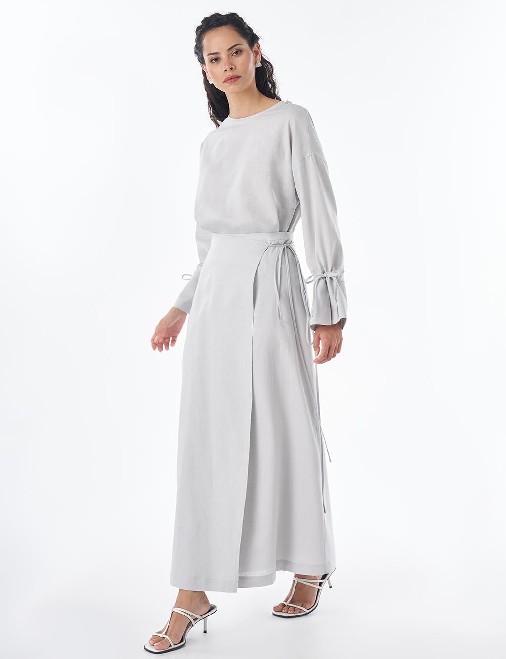 High-Waist Linen Wrap Skirt – Light Grey