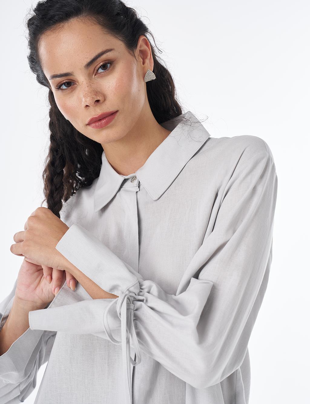 Drawstring Linen Blend Tunic – Light Grey