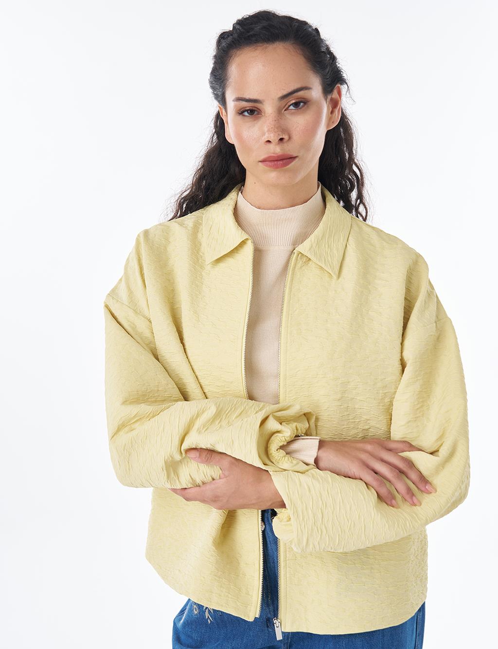 Textured Polo Collar Jacket – Lemon