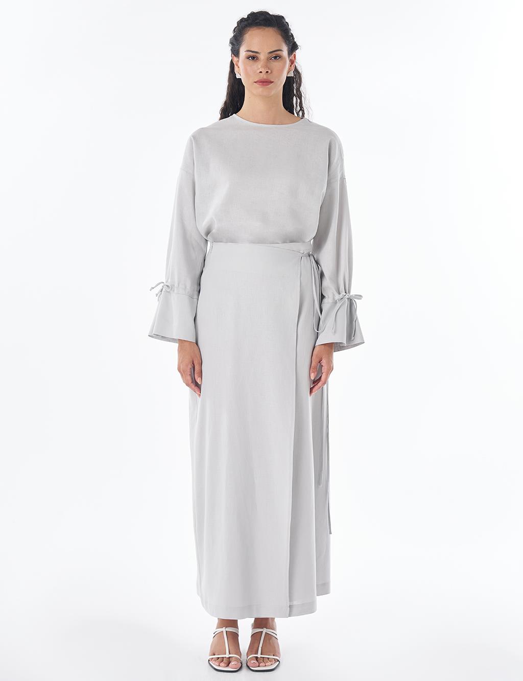 High-Waist Linen Wrap Skirt – Light Grey