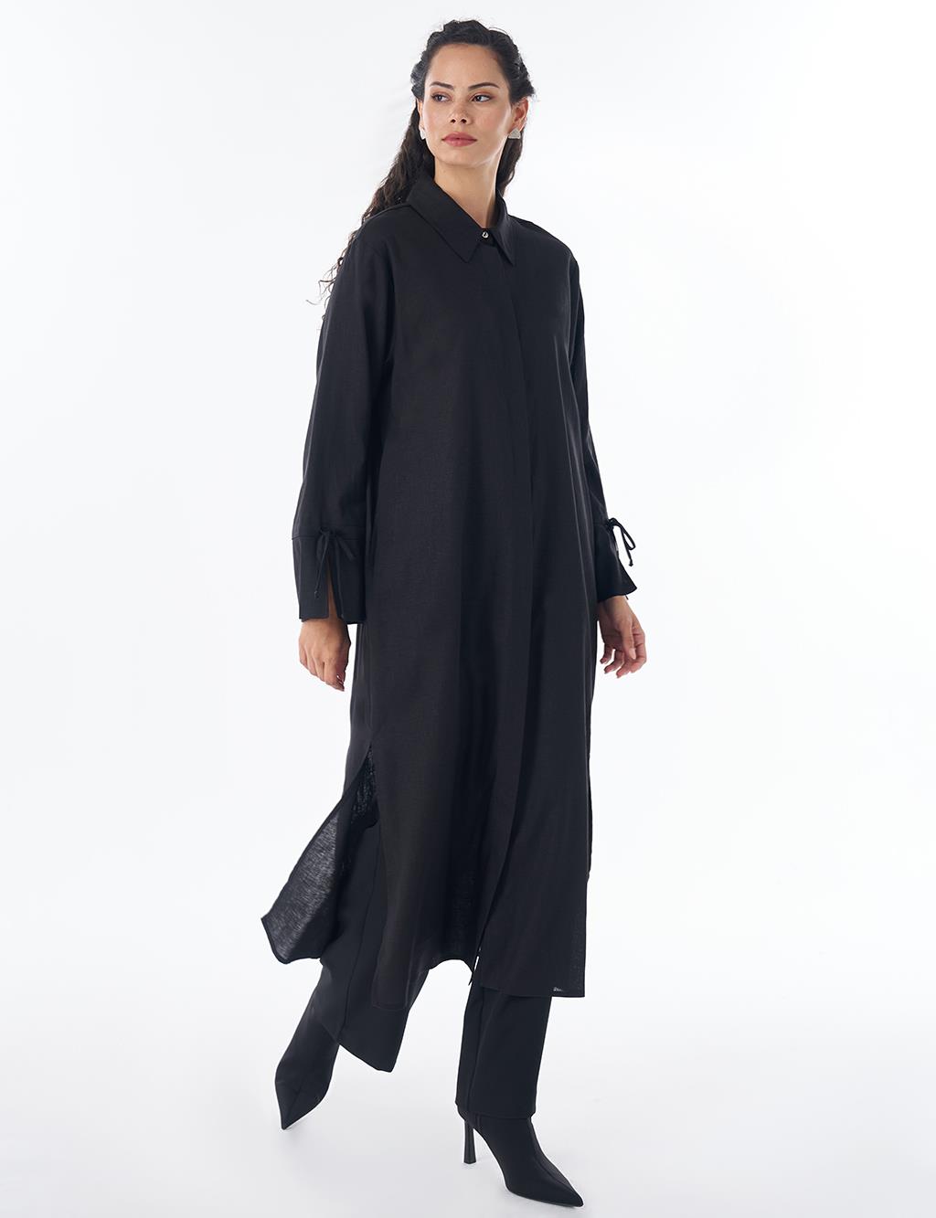 Drawstring Linen Blend Tunic – Black
