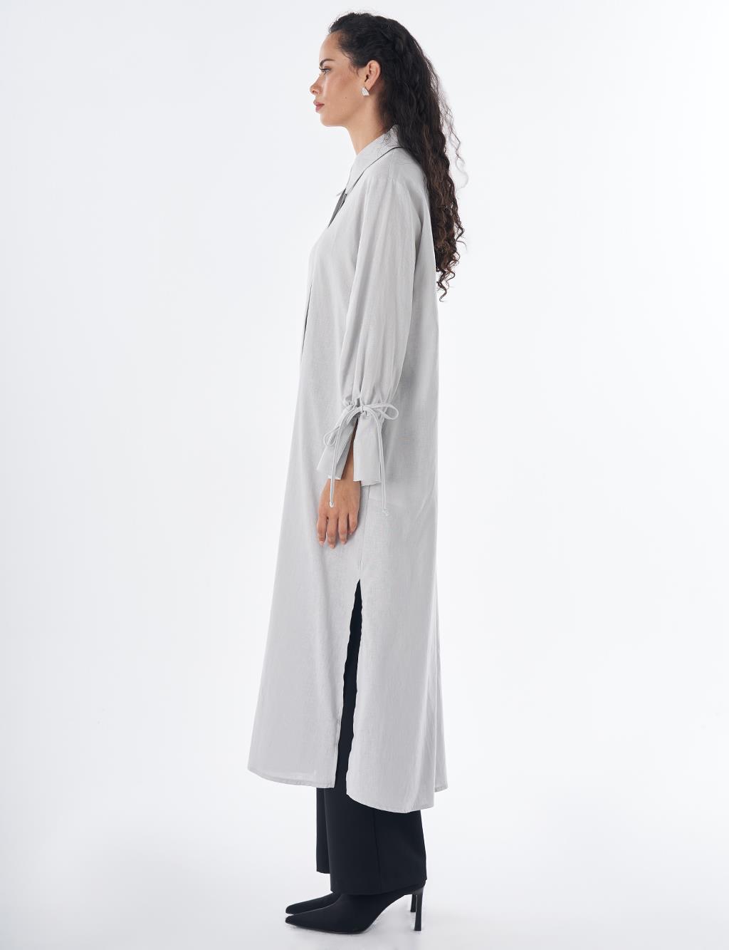 Drawstring Linen Blend Tunic – Light Grey