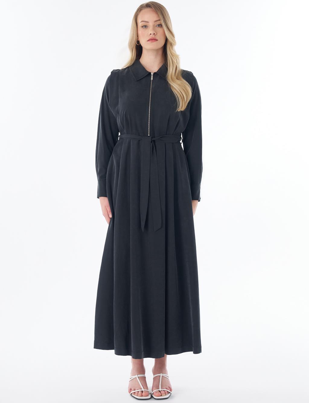 Shirt Collar Modal Dress – Black