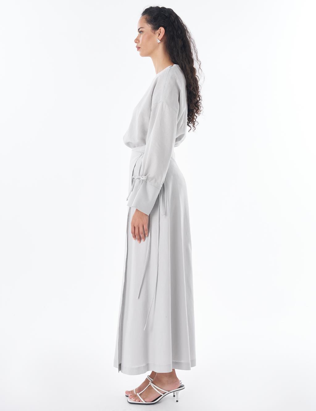 High-Waist Linen Wrap Skirt – Light Grey