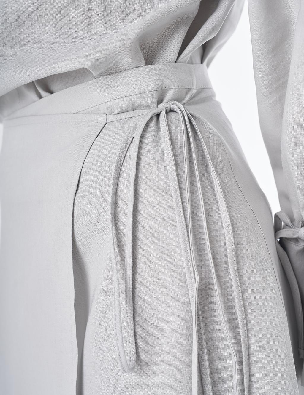 High-Waist Linen Wrap Skirt – Light Grey