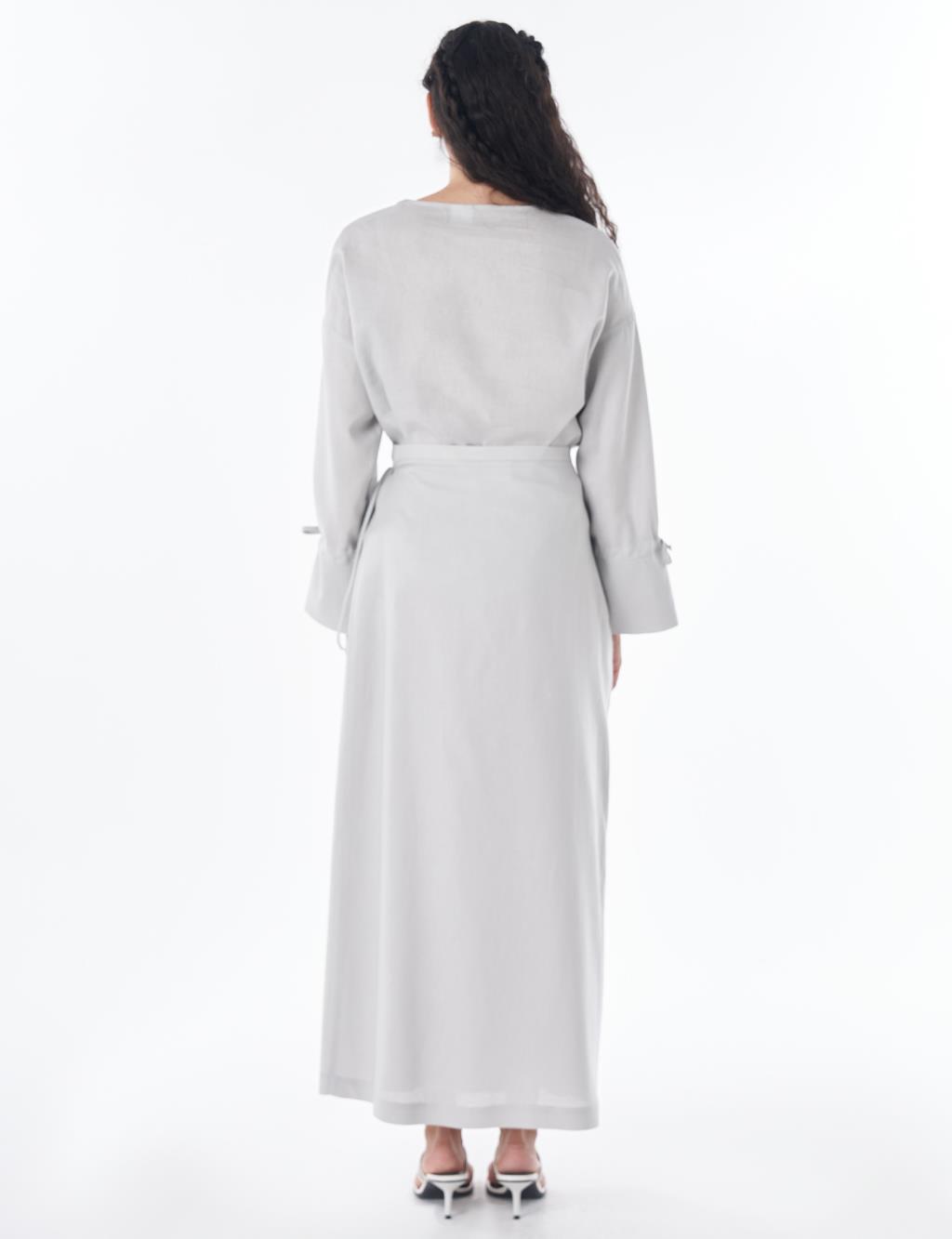High-Waist Linen Wrap Skirt – Light Grey
