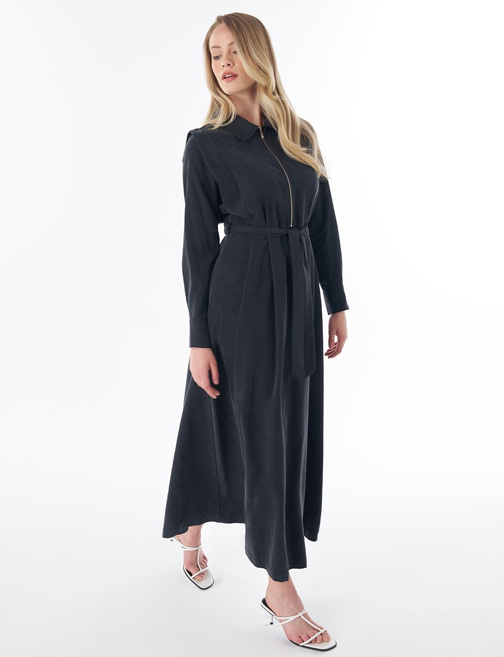 Shirt Collar Modal Dress – Black
