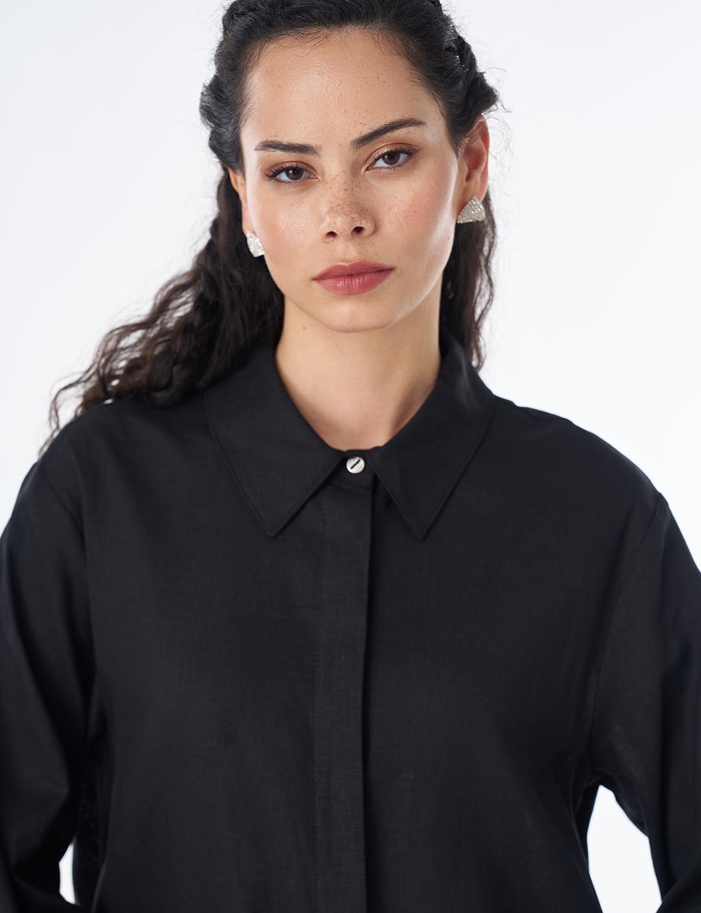 Drawstring Linen Blend Tunic – Black
