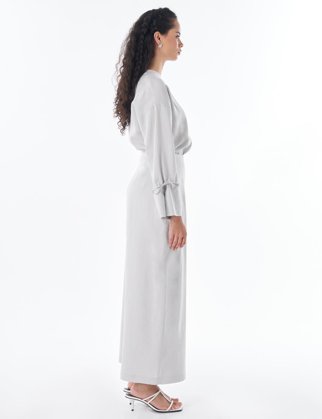 High-Waist Linen Wrap Skirt – Light Grey