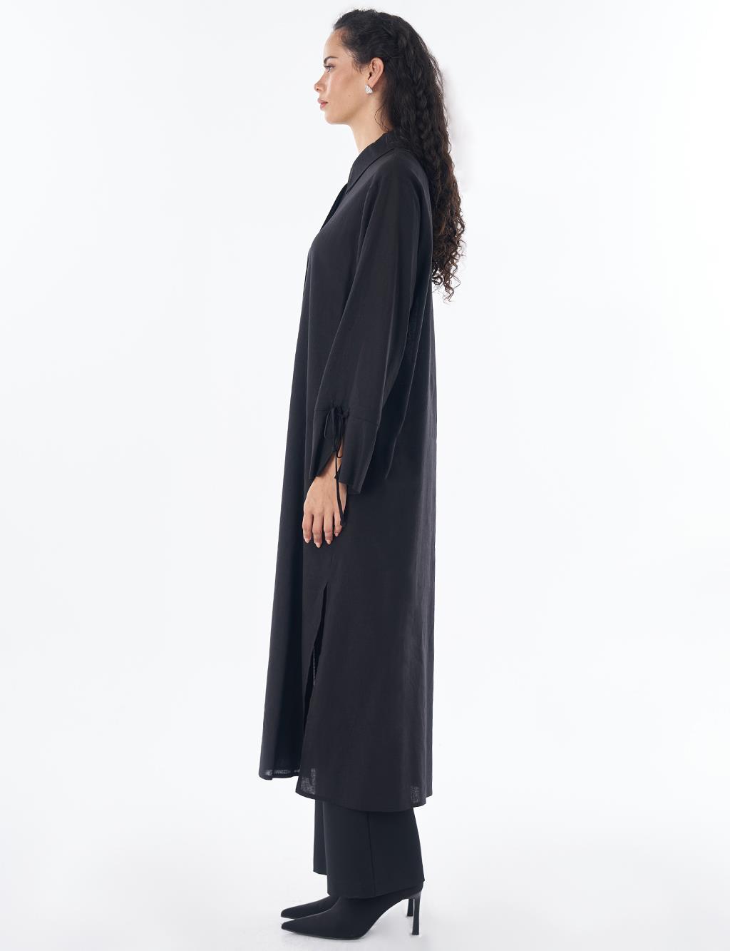 Drawstring Linen Blend Tunic – Black