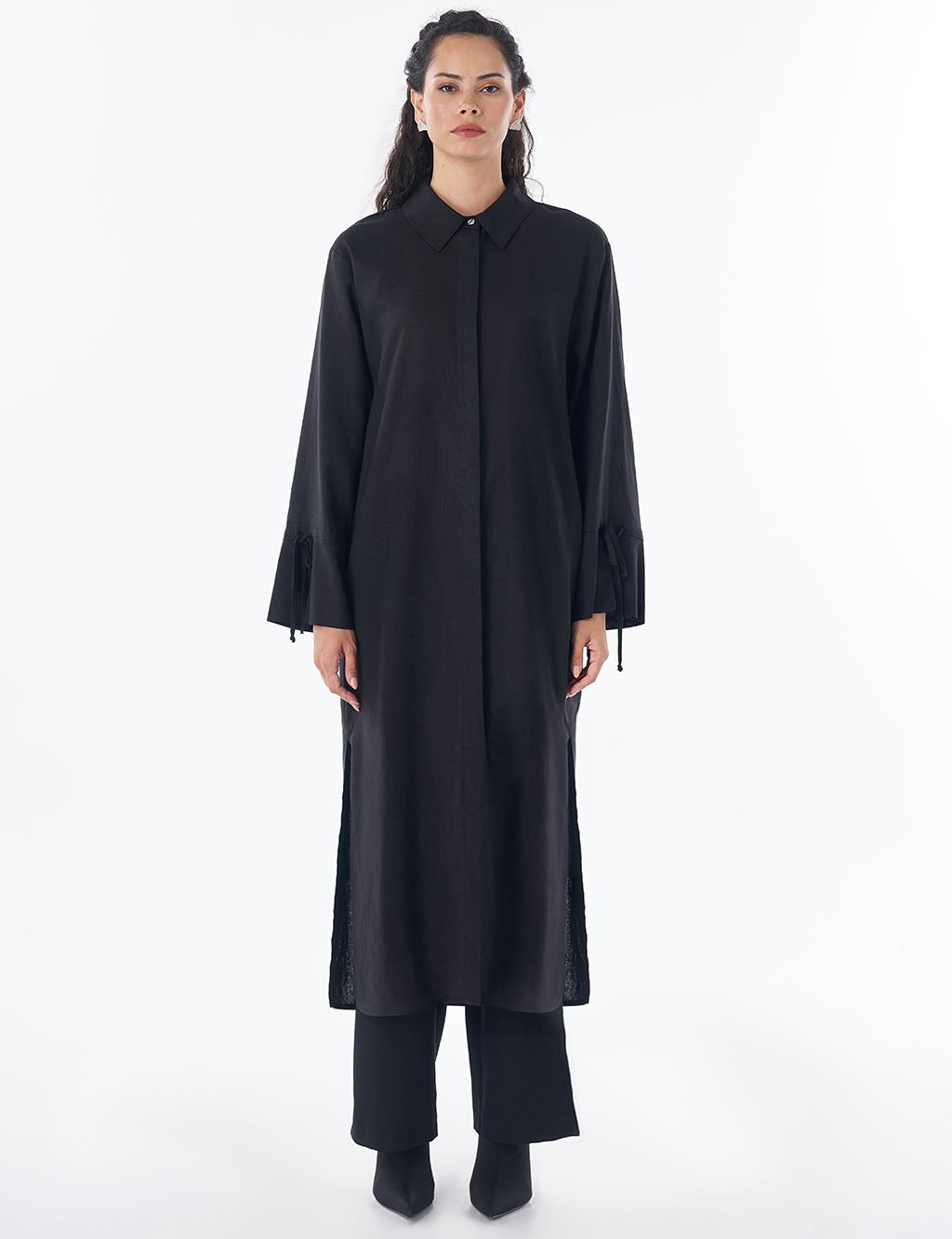 Drawstring Linen Blend Tunic – Black