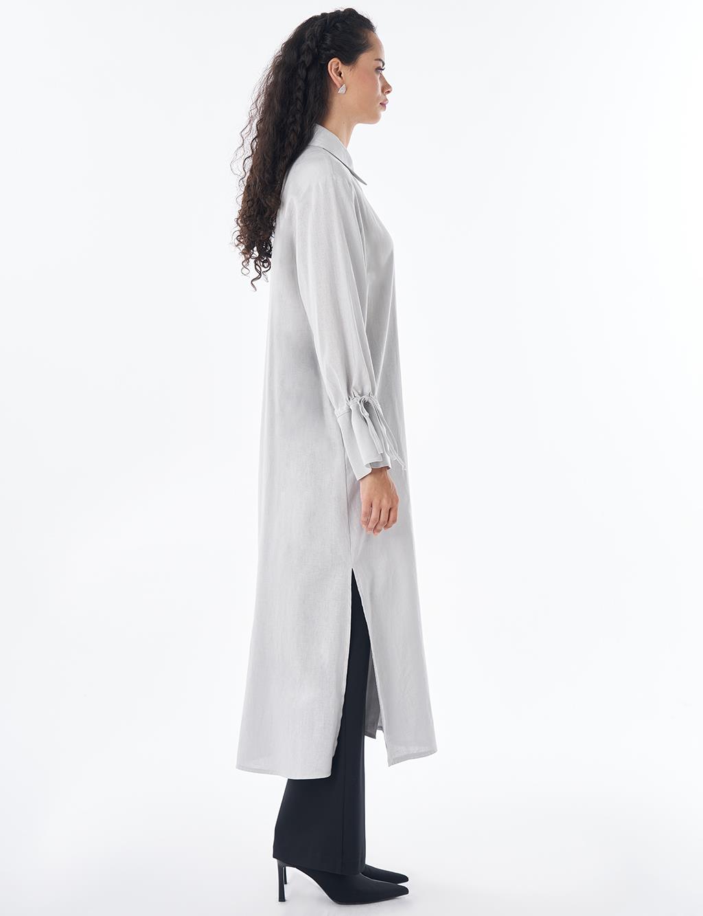 Drawstring Linen Blend Tunic – Light Grey
