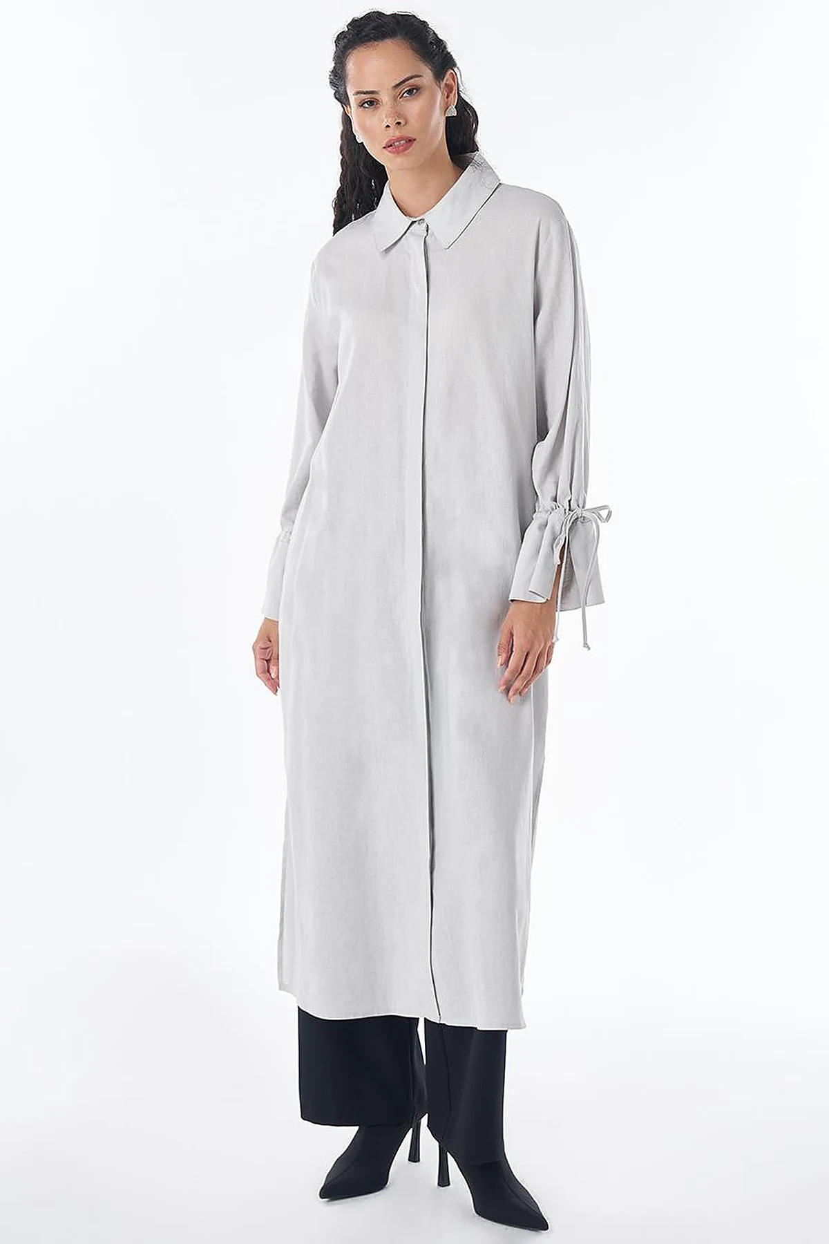 Drawstring Linen Blend Tunic – Light Grey
