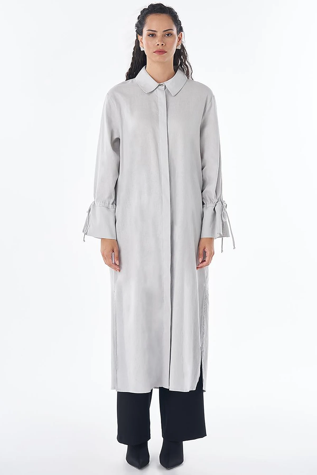 Drawstring Linen Blend Tunic – Light Grey