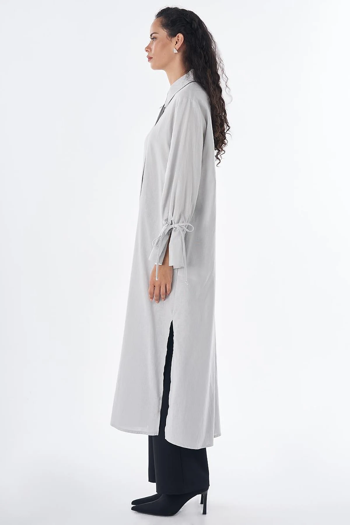 Drawstring Linen Blend Tunic – Light Grey
