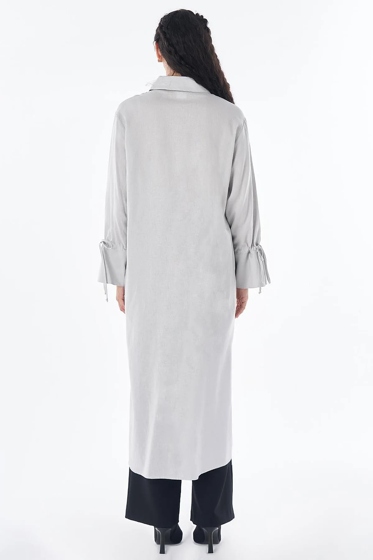 Drawstring Linen Blend Tunic – Light Grey