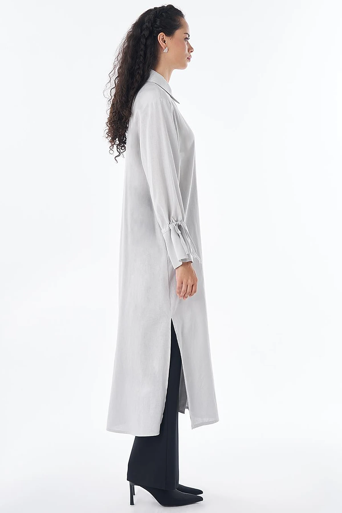 Drawstring Linen Blend Tunic – Light Grey