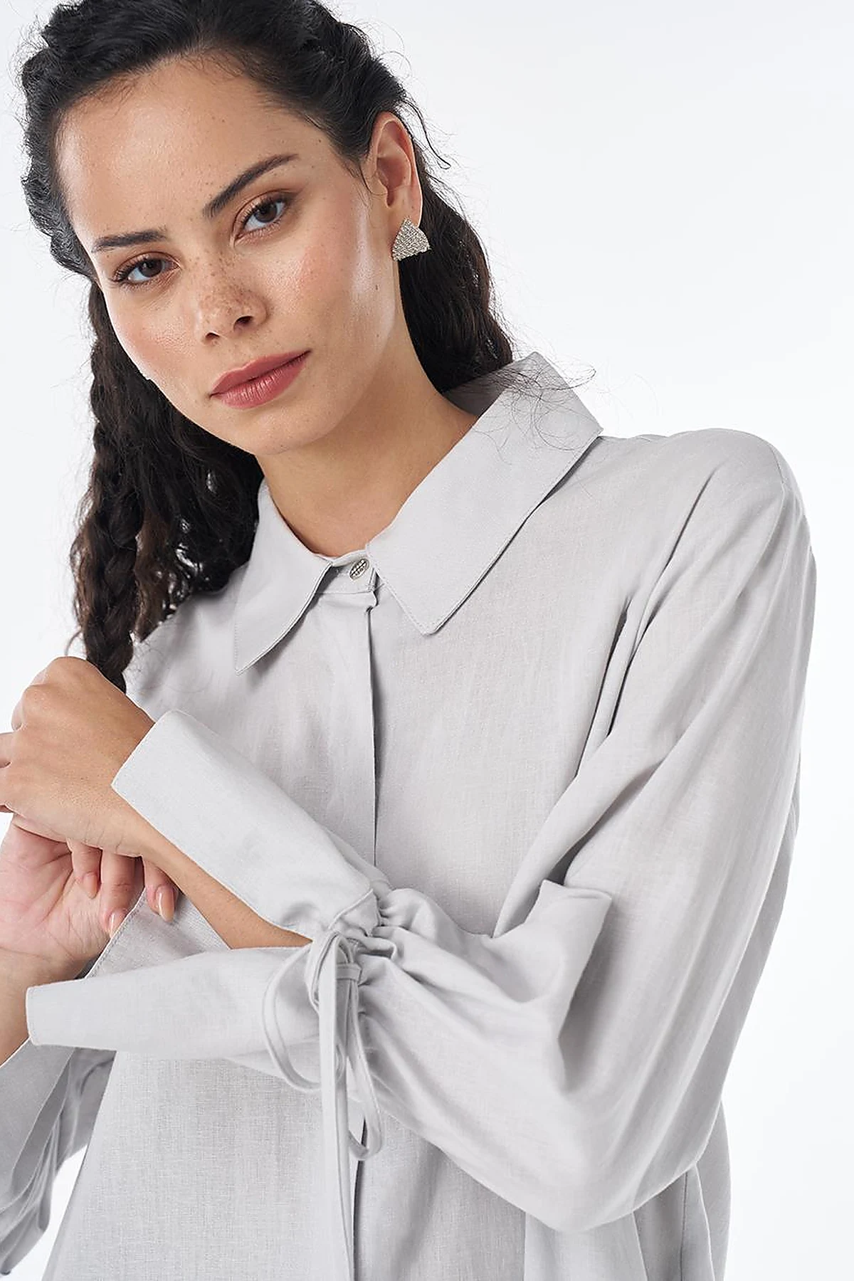 Drawstring Linen Blend Tunic – Light Grey