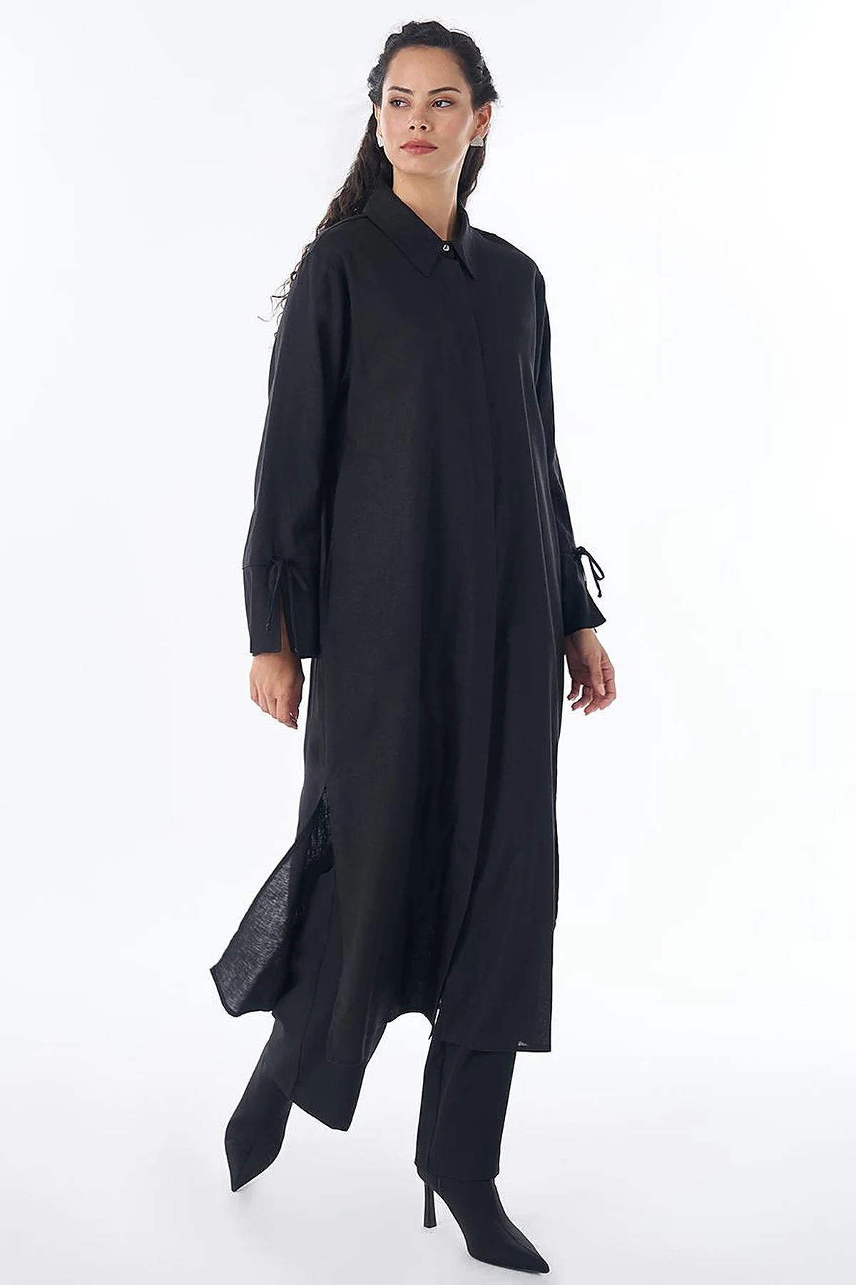 Drawstring Linen Blend Tunic – Black