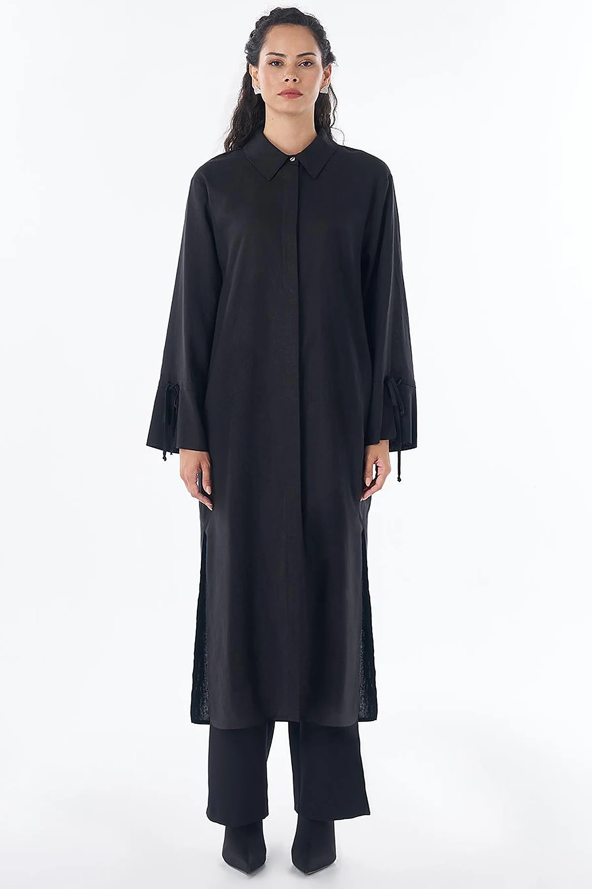 Drawstring Linen Blend Tunic – Black