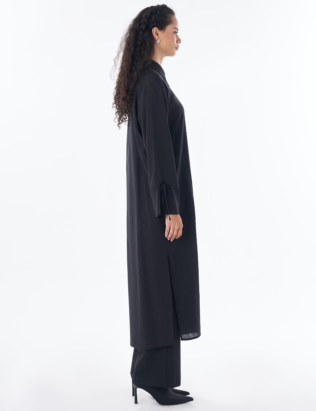Drawstring Linen Blend Tunic – Black