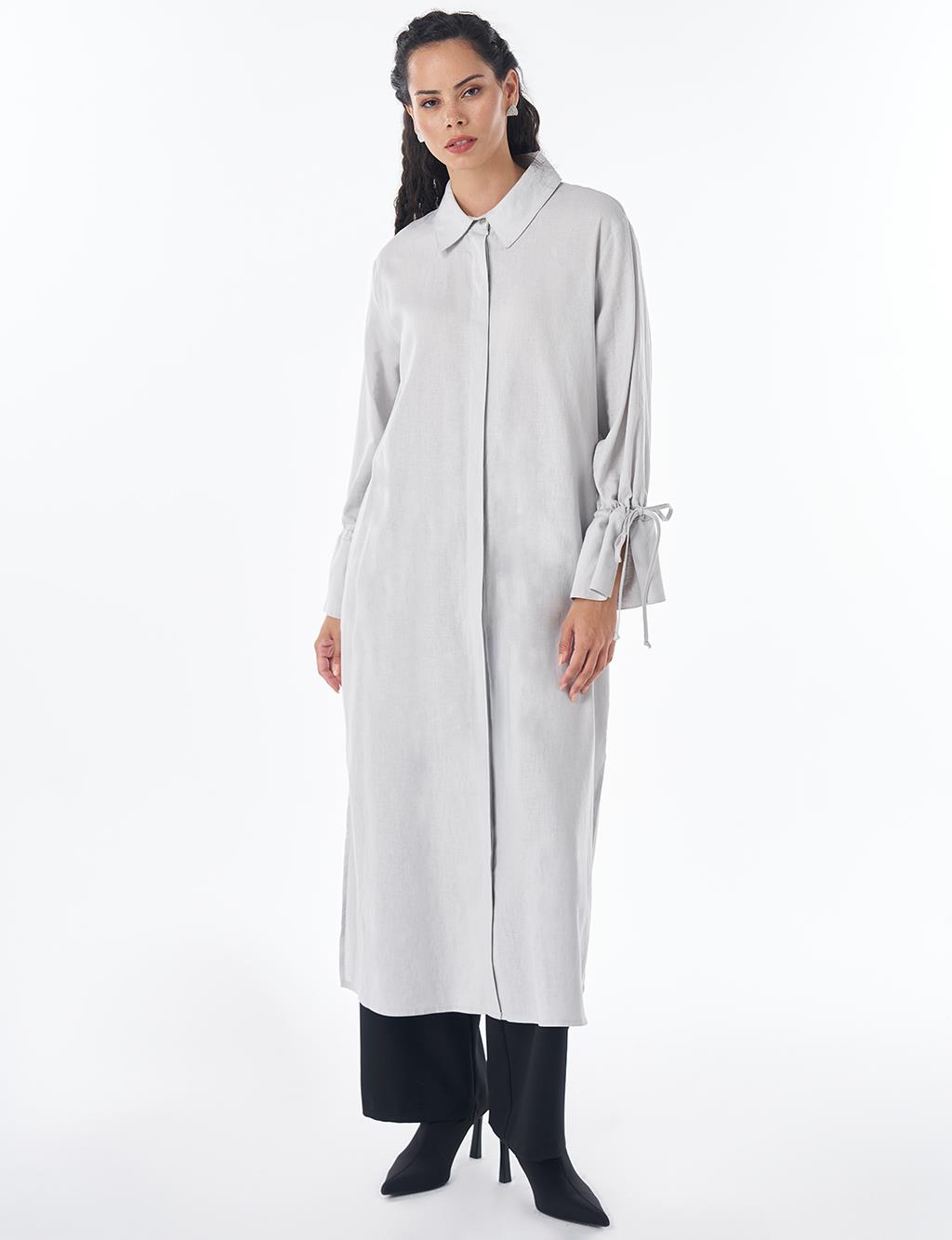 Drawstring Linen Blend Tunic – Light Grey