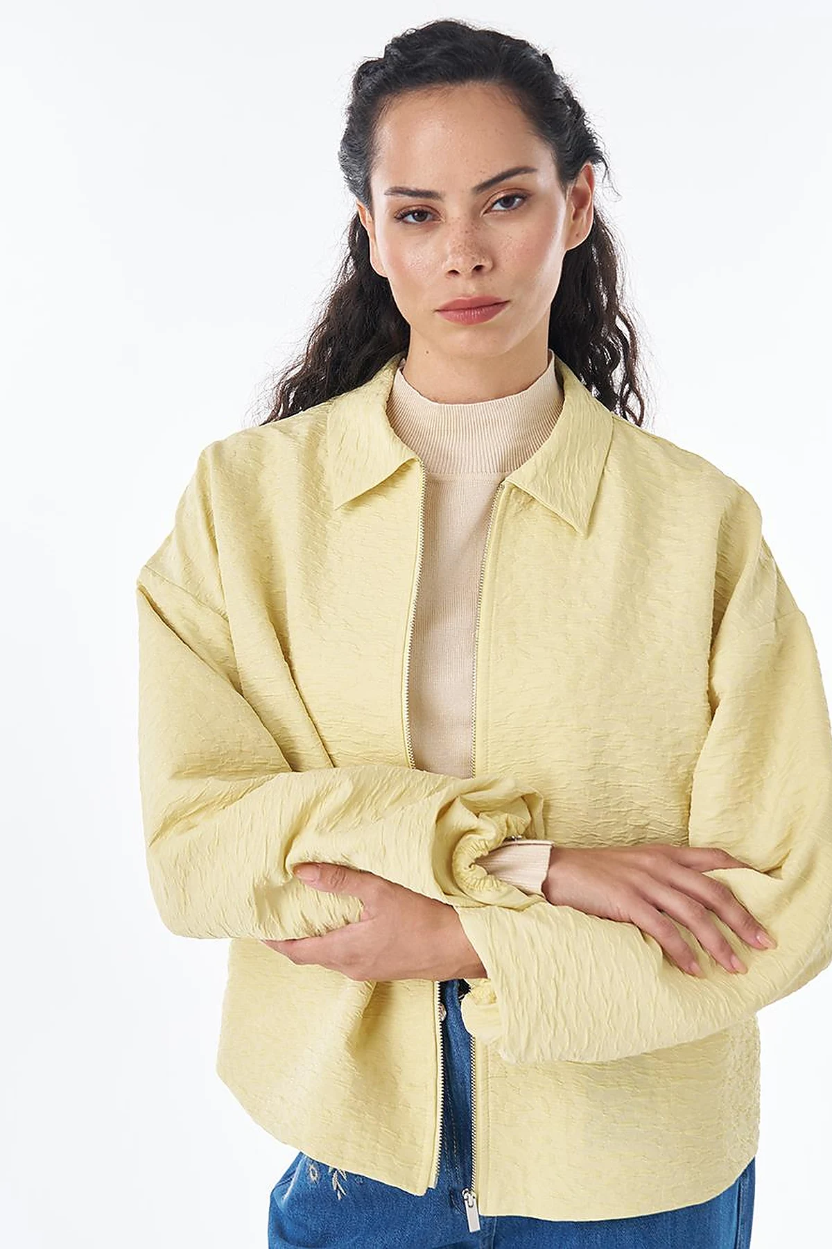 Textured Polo Collar Jacket – Lemon