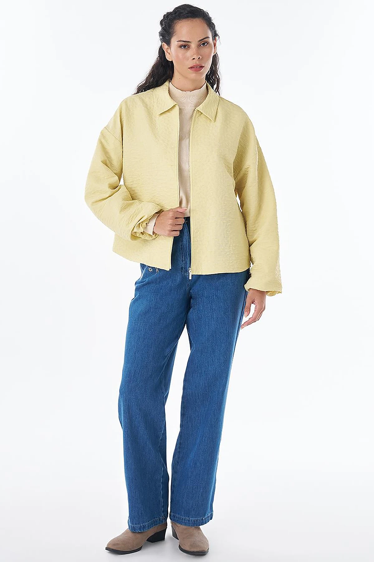 Textured Polo Collar Jacket – Lemon