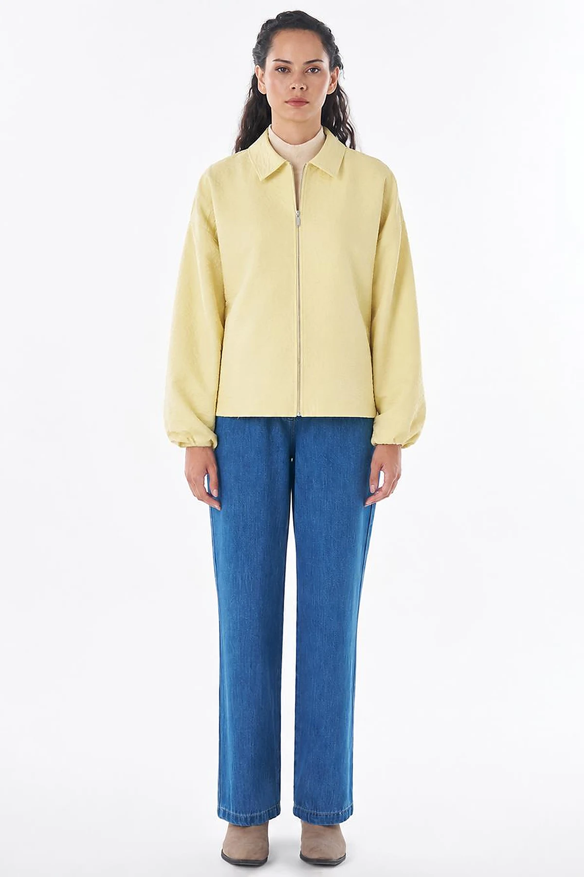 Textured Polo Collar Jacket – Lemon