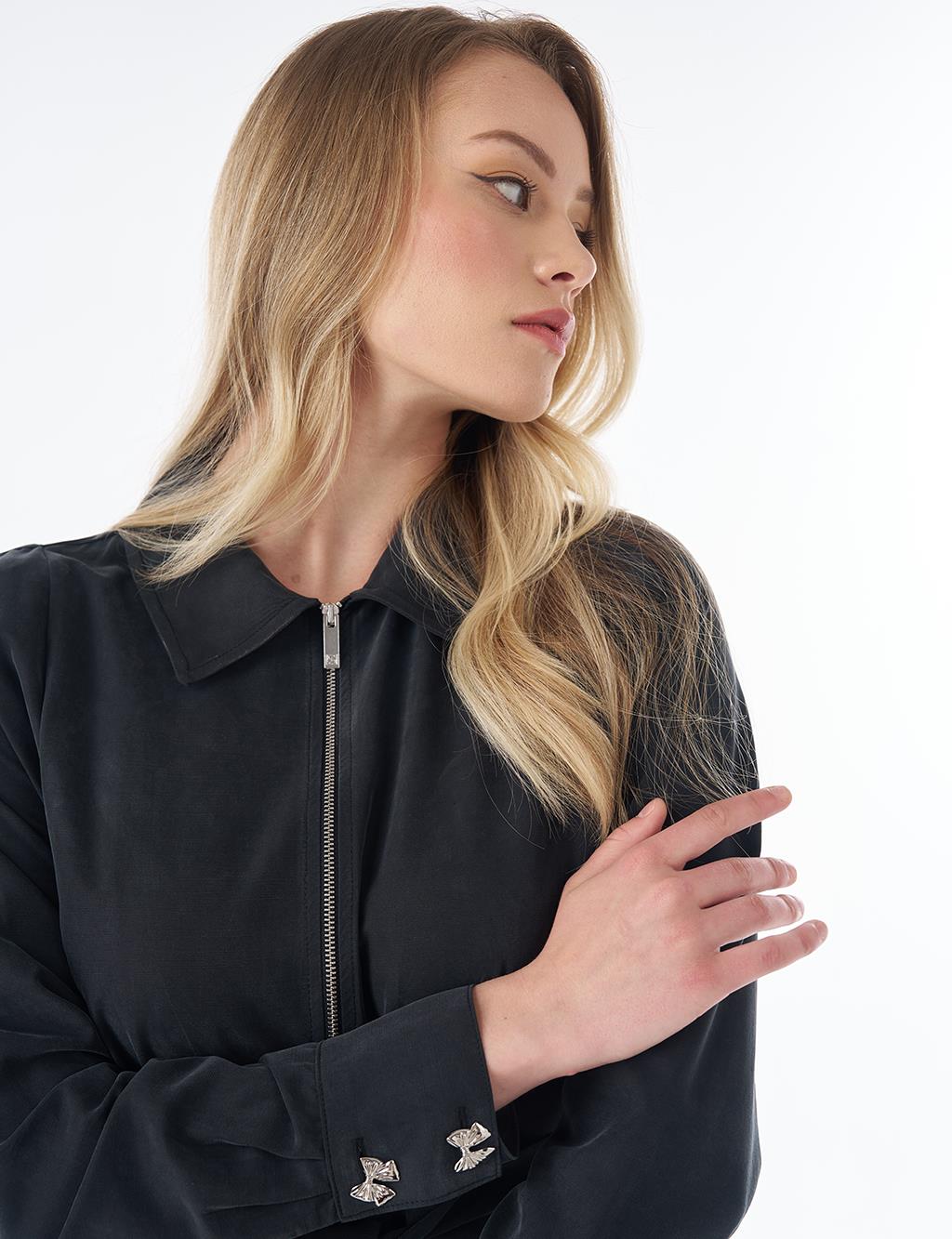 Shirt Collar Modal Dress – Black