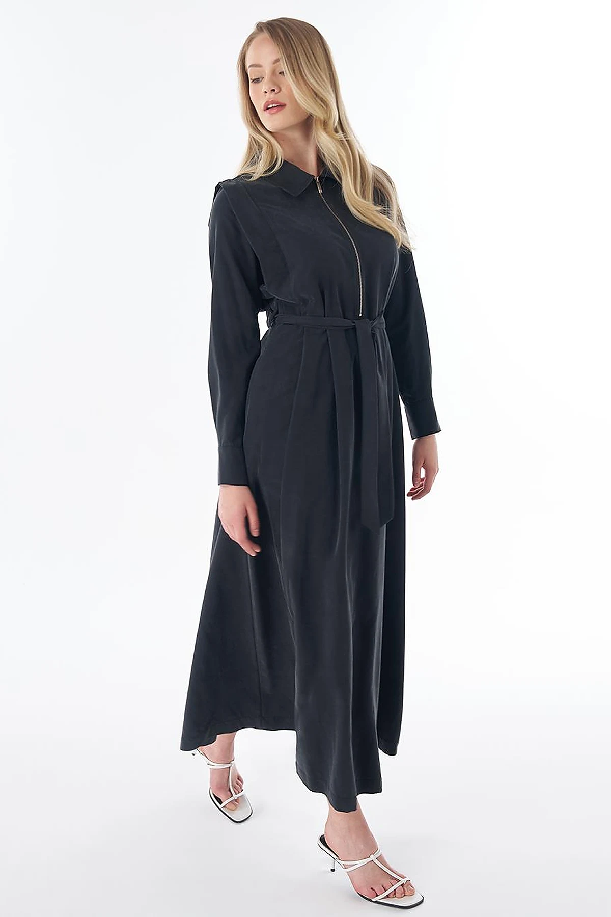 Shirt Collar Modal Dress – Black