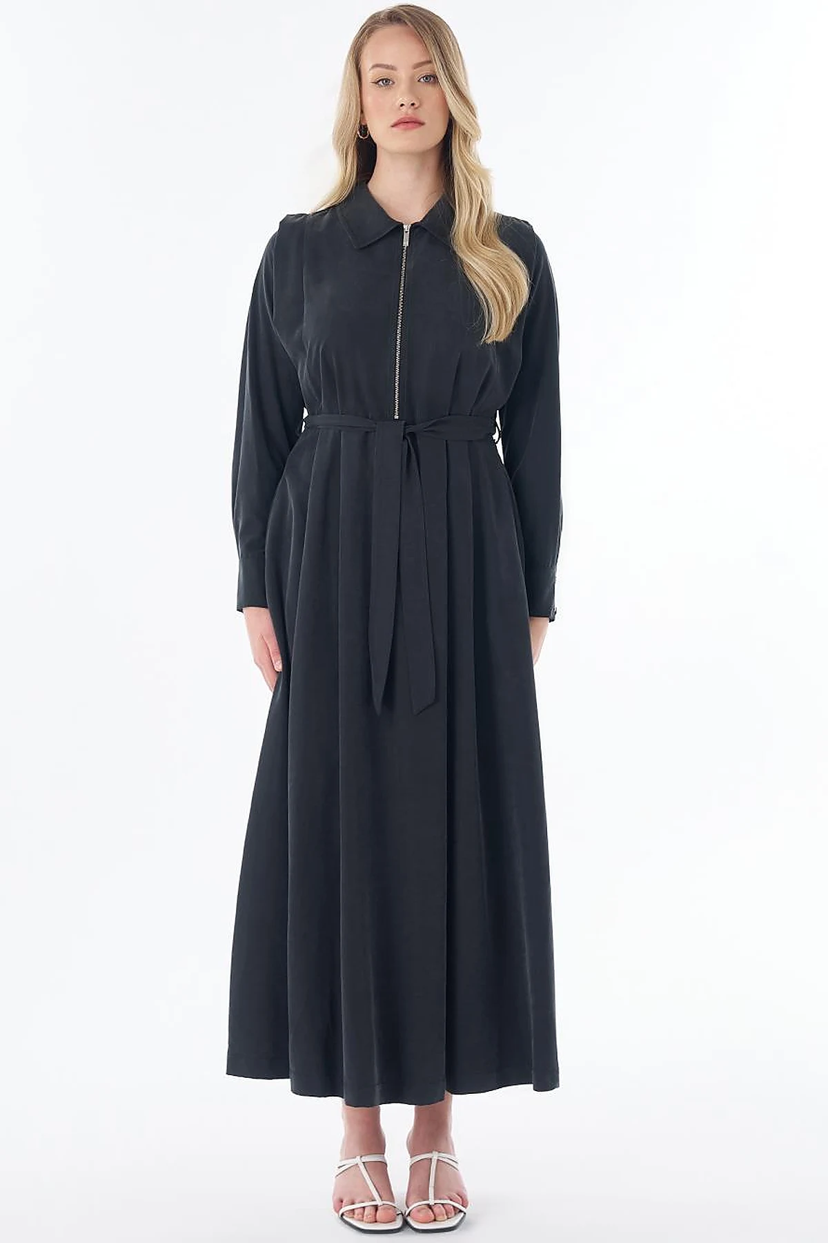Shirt Collar Modal Dress – Black