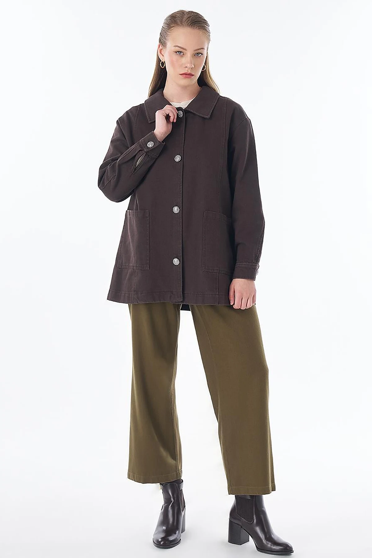 Shiny Button Jacket – Dark Brown