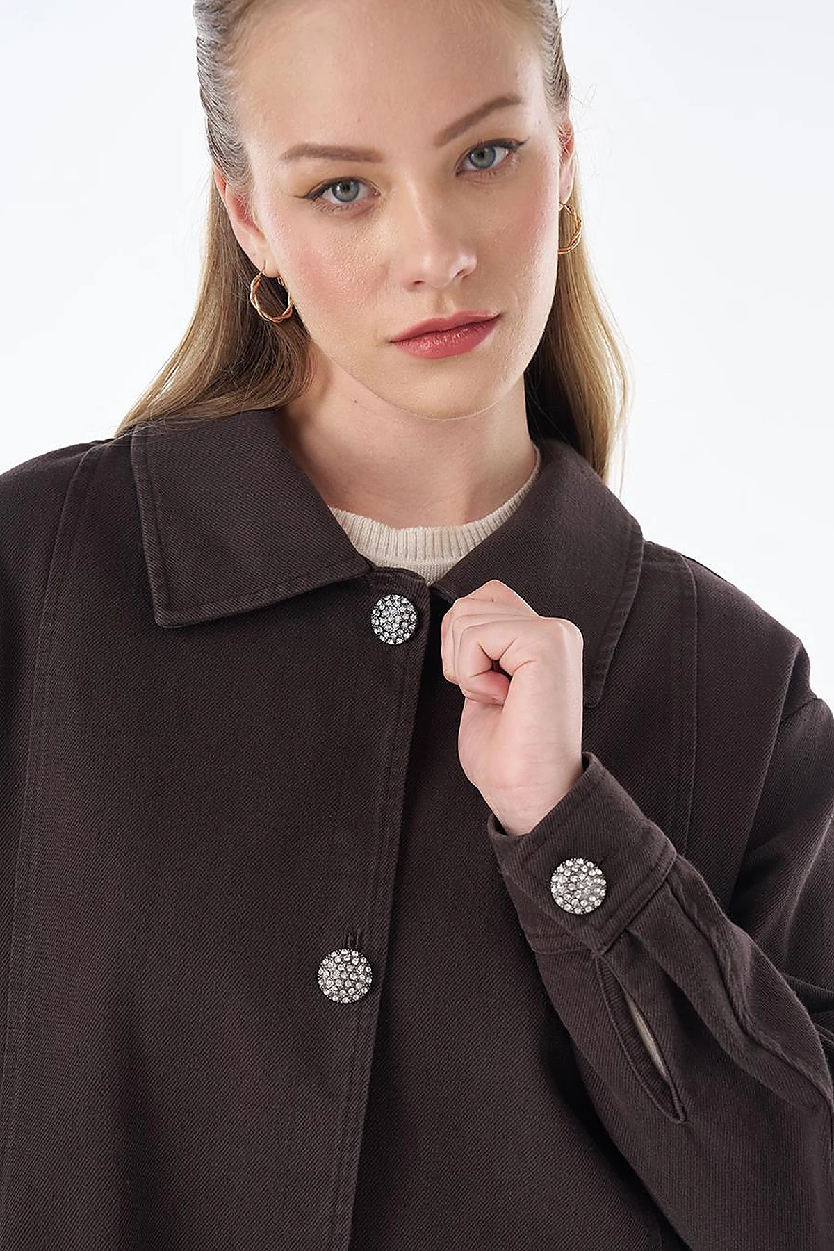 Shiny Button Jacket – Dark Brown