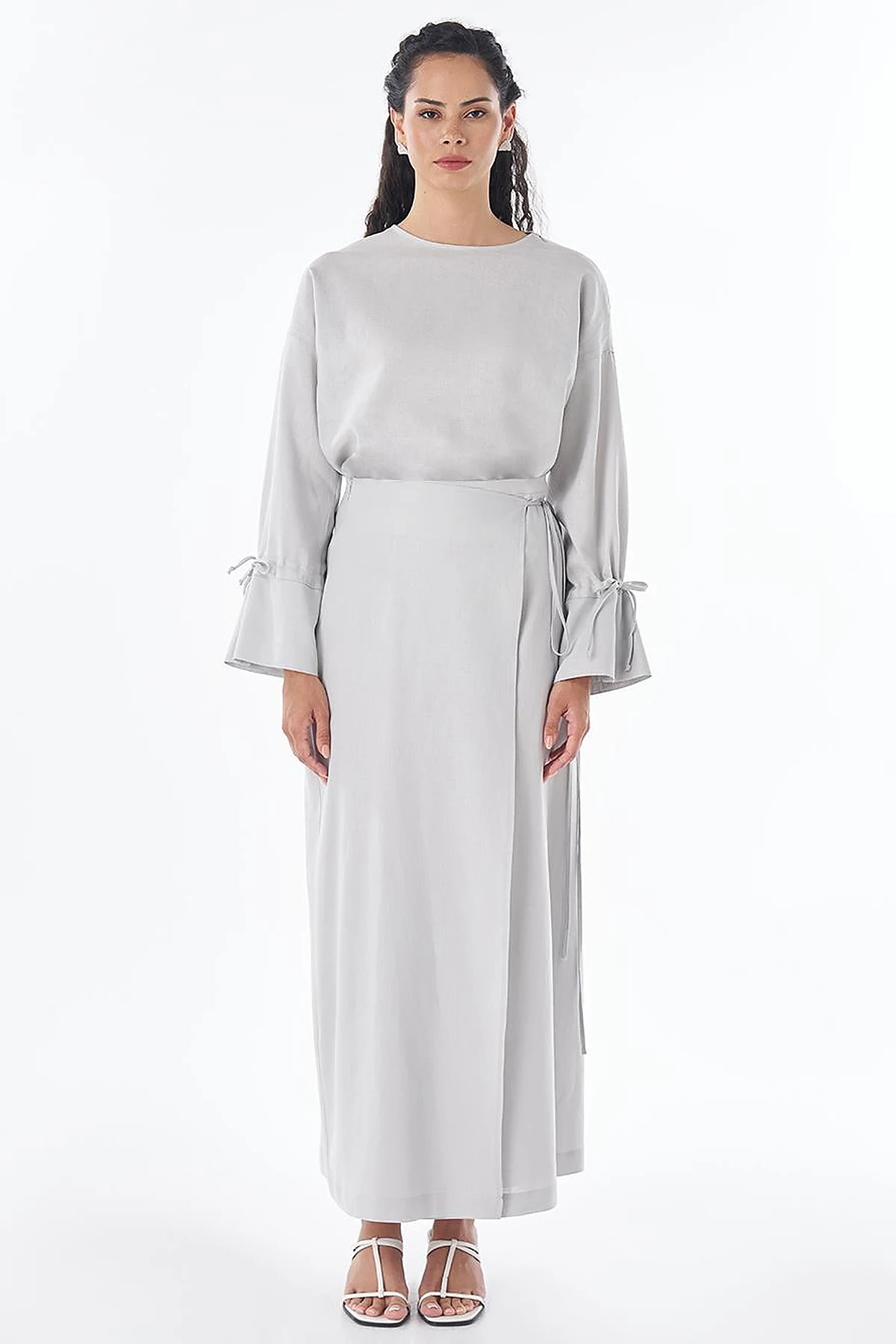 High-Waist Linen Wrap Skirt – Light Grey