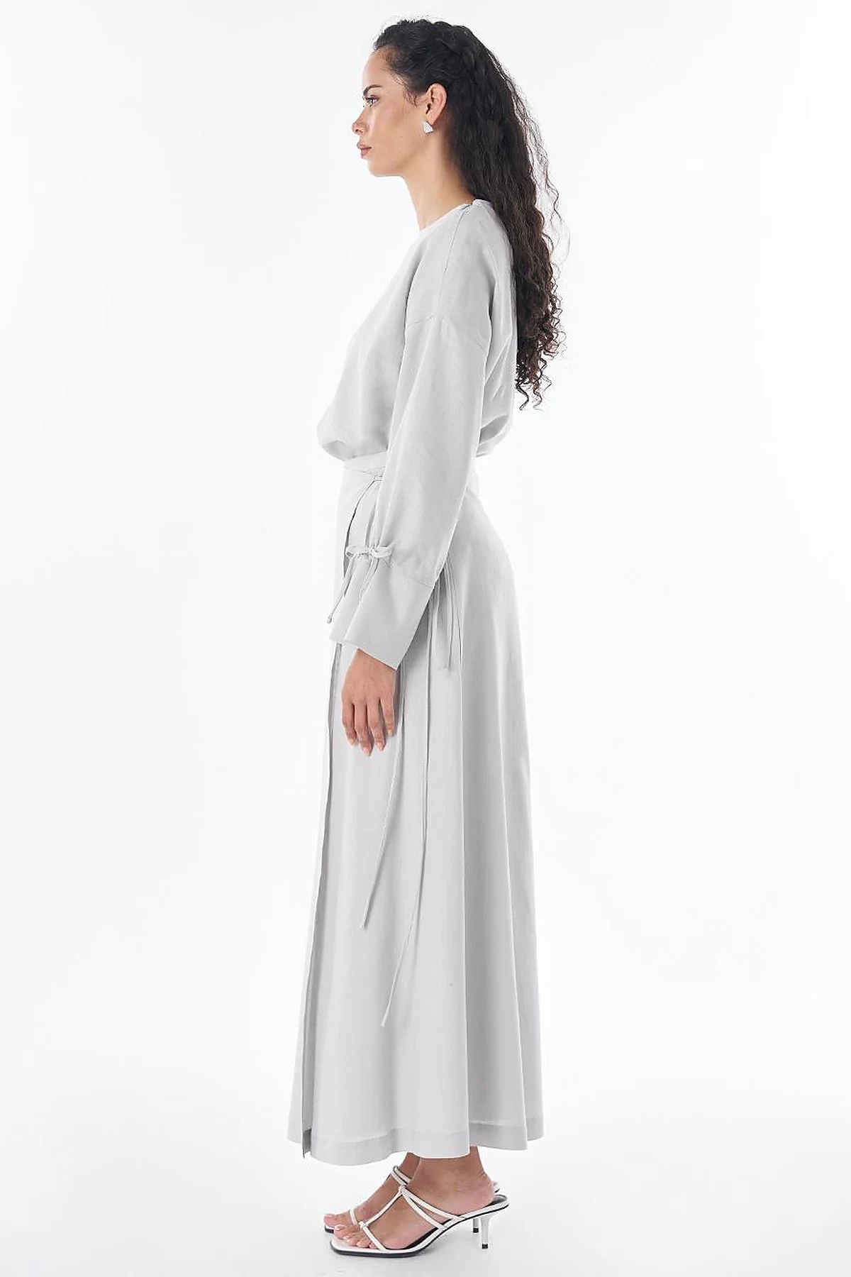 High-Waist Linen Wrap Skirt – Light Grey
