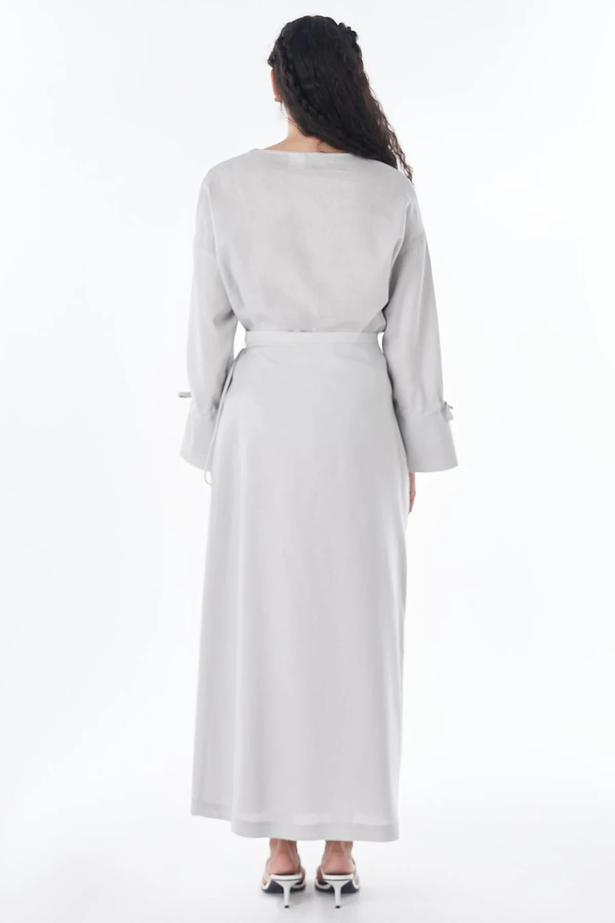 High-Waist Linen Wrap Skirt – Light Grey