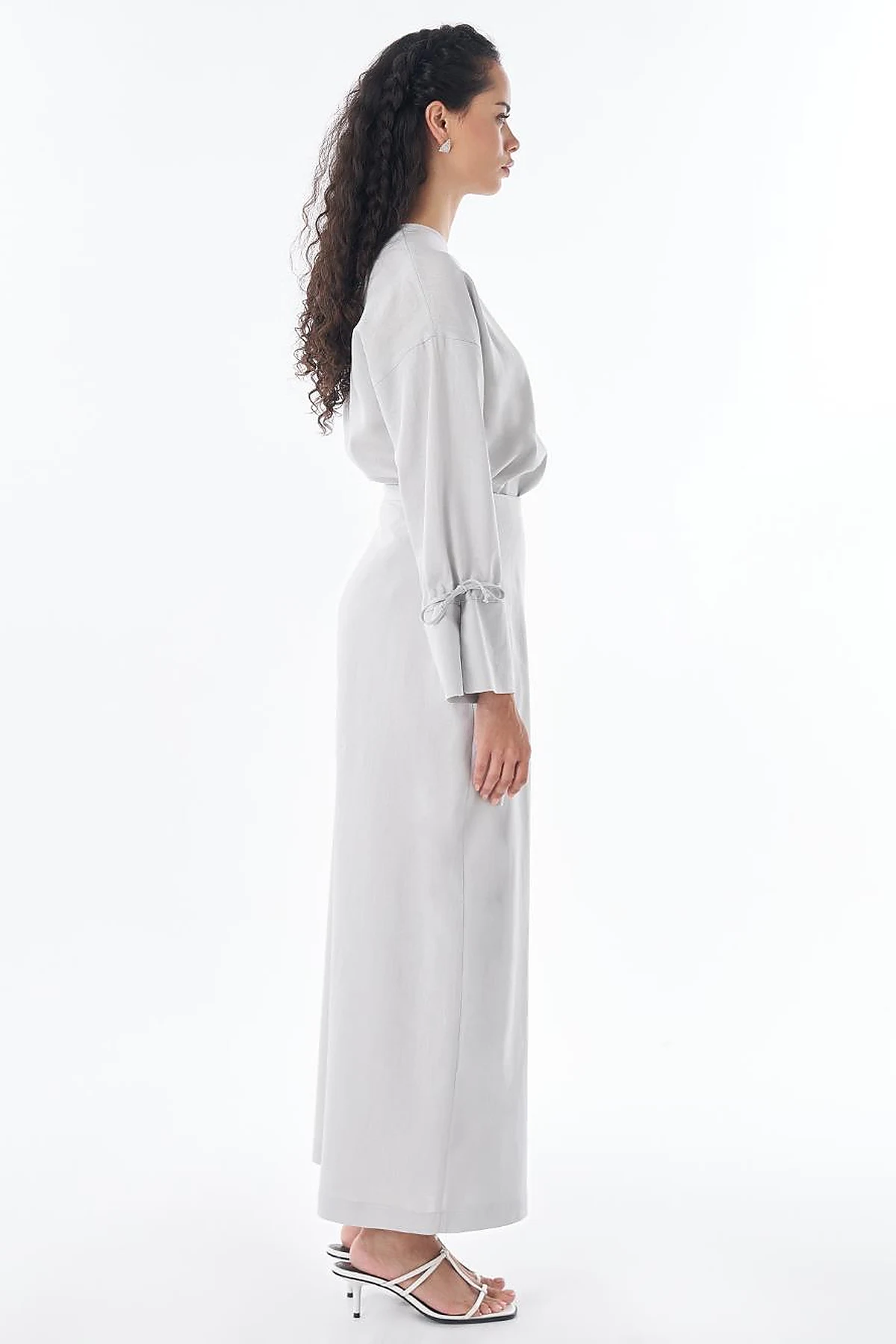 High-Waist Linen Wrap Skirt – Light Grey