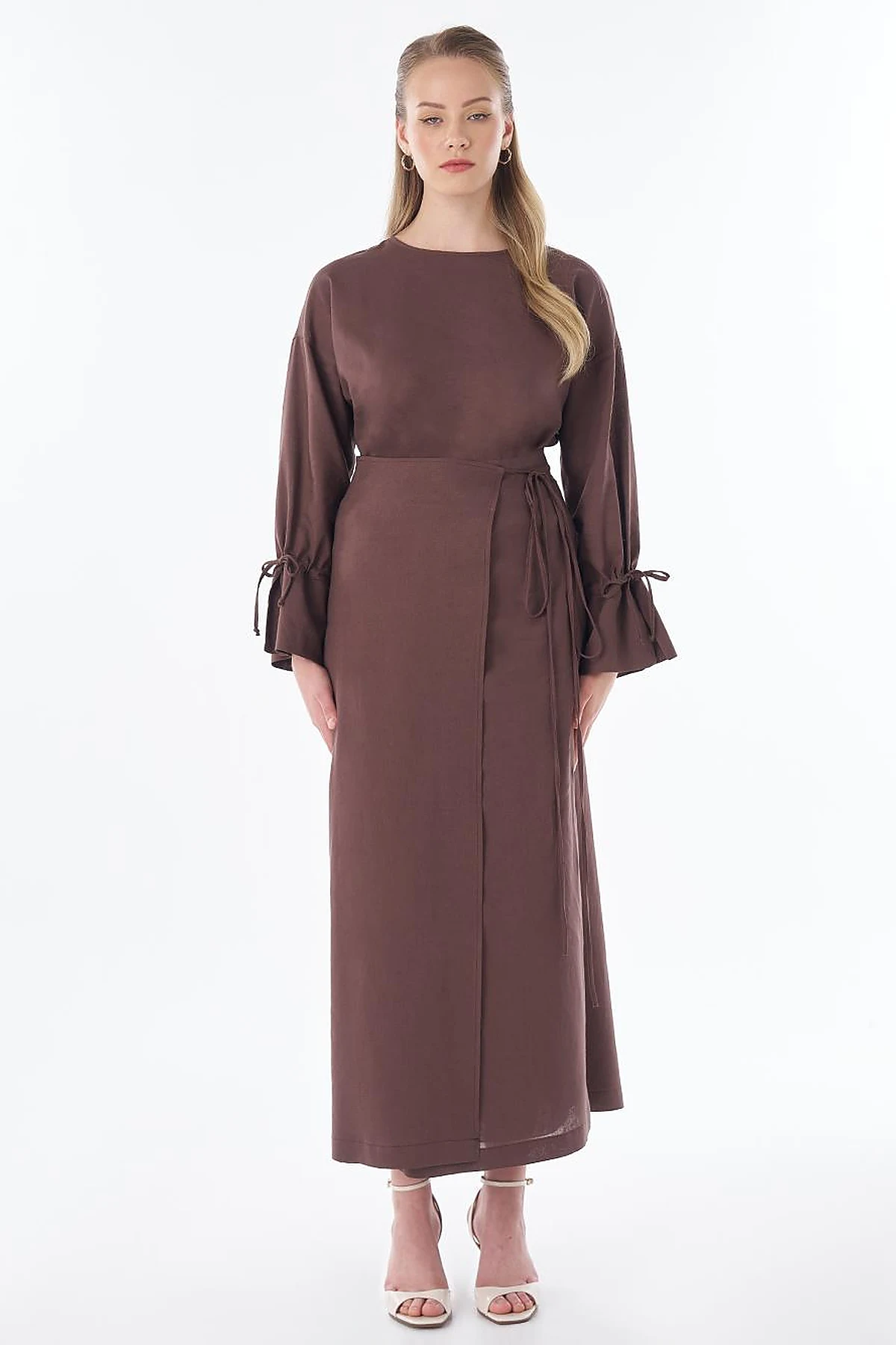 High-Waist Linen Wrap Skirt – Chocolate