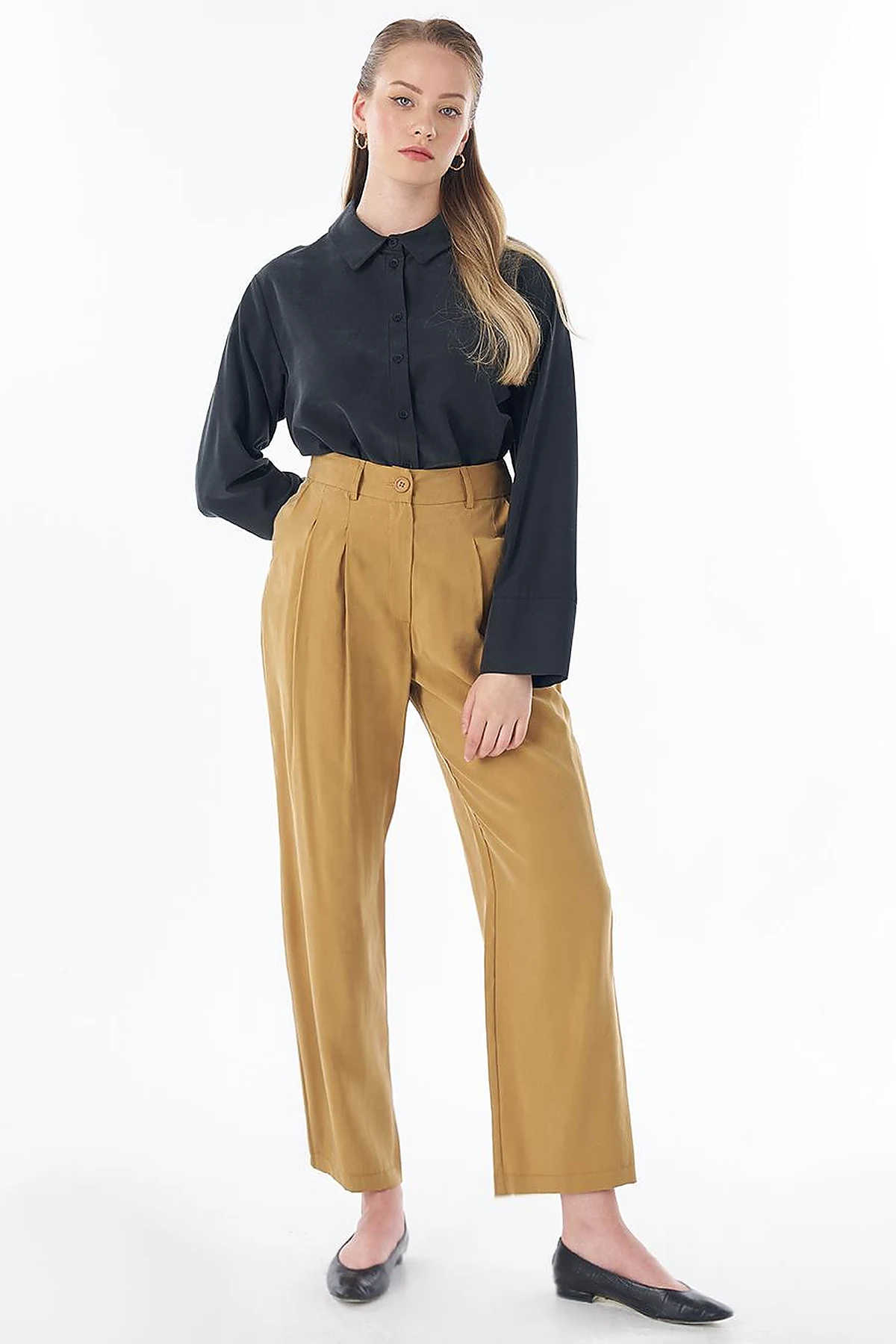 High-Waist Pleated Modal Pants – Dark Mustard