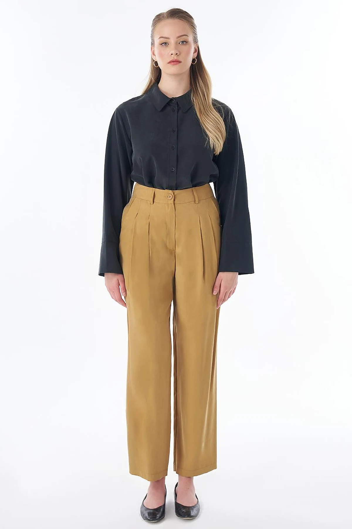High-Waist Pleated Modal Pants – Dark Mustard